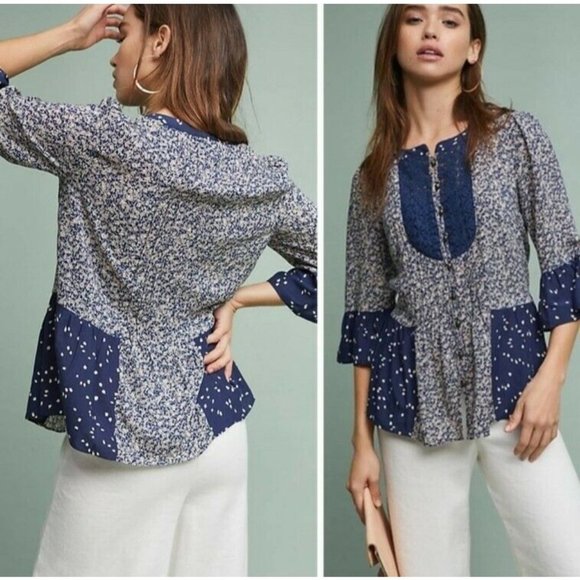 Anthropologie Tops - Anthropologie Maeve Hiver Lace Peasant Blouse Womens Size 6 Blue 3/4 Sleeve Top